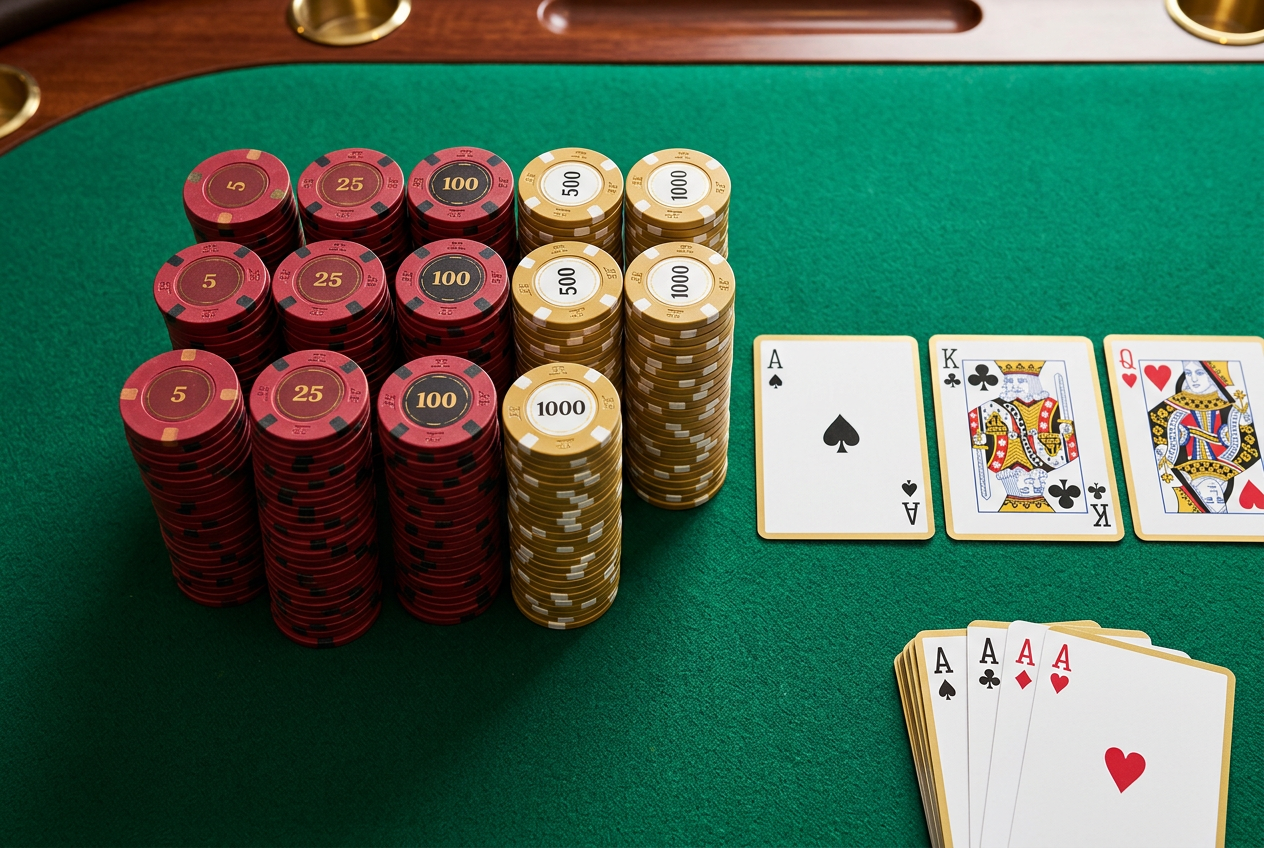 Detailný pohľad na kasínové žetóny a karty na zelenom plátne, symbolizujúci odbornú analýzu hier.