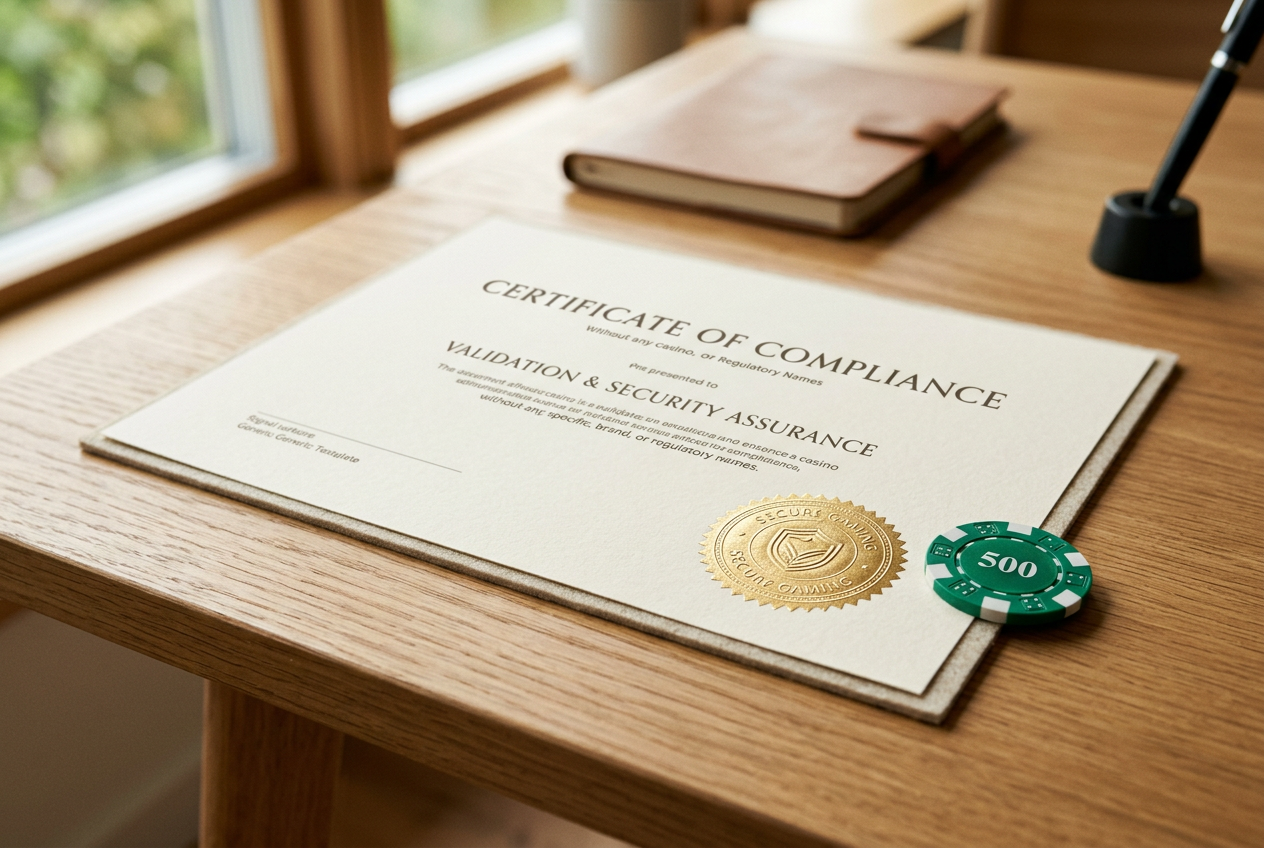 Detailný záber na bezpečnostný certifikát a kasínový žetón na čistom drevenom stole.